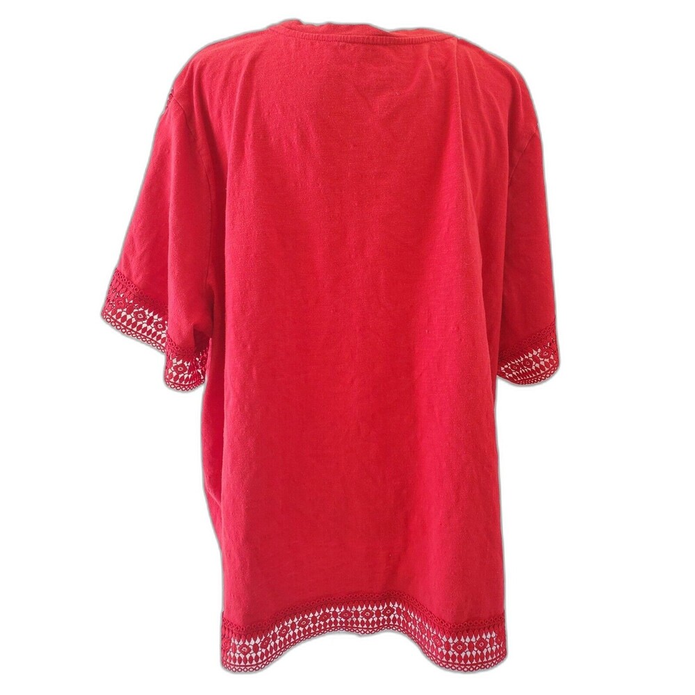 St Johns Bay Shirt Women 4X Blouse Top Red Boho Lace Edge 3/4 Sleeves Crew Neck